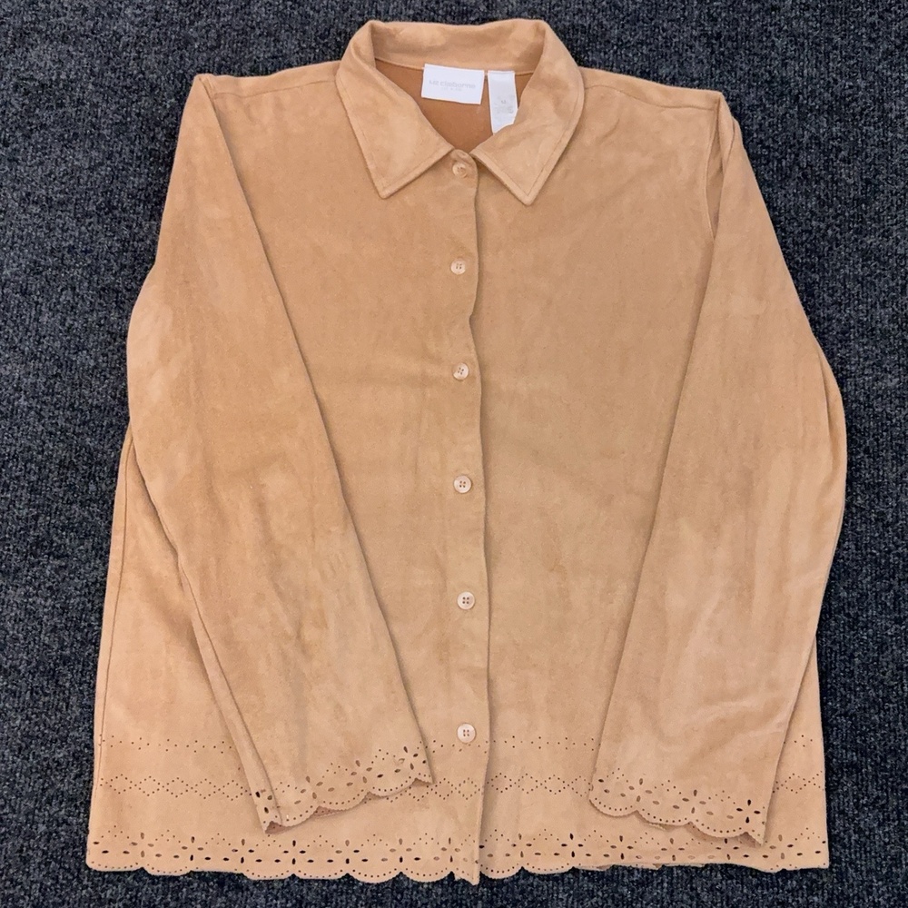 Liz Claiborne Shirt Womens M Beige Faux Suede Eyelet Scallop Hem Button Top